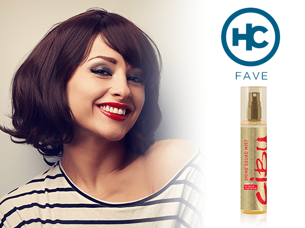 model with chic shoulder-length style + HC Fave product: Cibu Shine Squad Mist