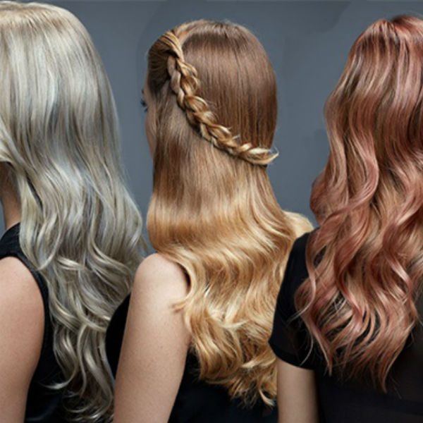 3 women with long cool blonde, sun-kissed blonde and rose gold blonde hair