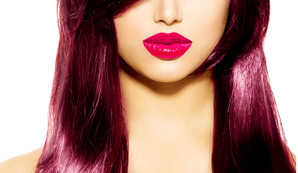 model with cranberry colored hair