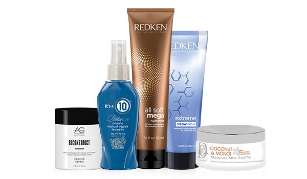 AG Hair’s Reconstruct Intense Restorative Mask; It's a 10 Potion 10 Miracle Repair Hair Mask; REDKEN All Soft Mega Hydramelt and Extreme Mega Mask; Design Essentials Coconut & Monoi Deep Moisture Milk Soufflé