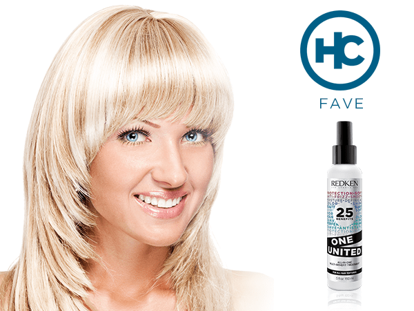 model with face framing fringe + HC Fave product: REDKEN One United