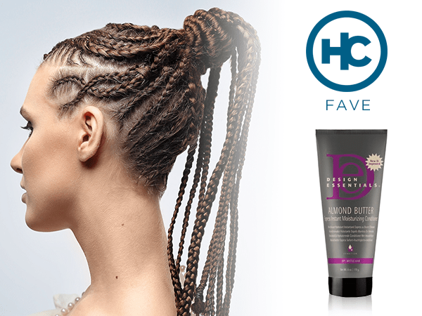 model with braided ponytail + HC Fave product: Design Essentials Almond Butter Express Instant Moisturizing Conditioner