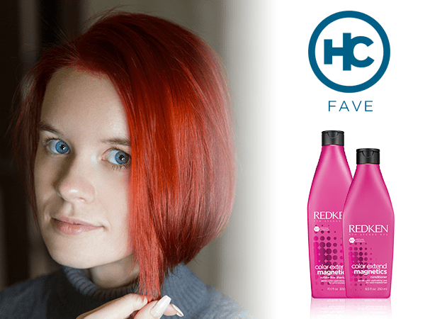 model with vibrant copper hue + HC Fave products: REDKEN Color Extend Magnetics Shampoo & Conditioner