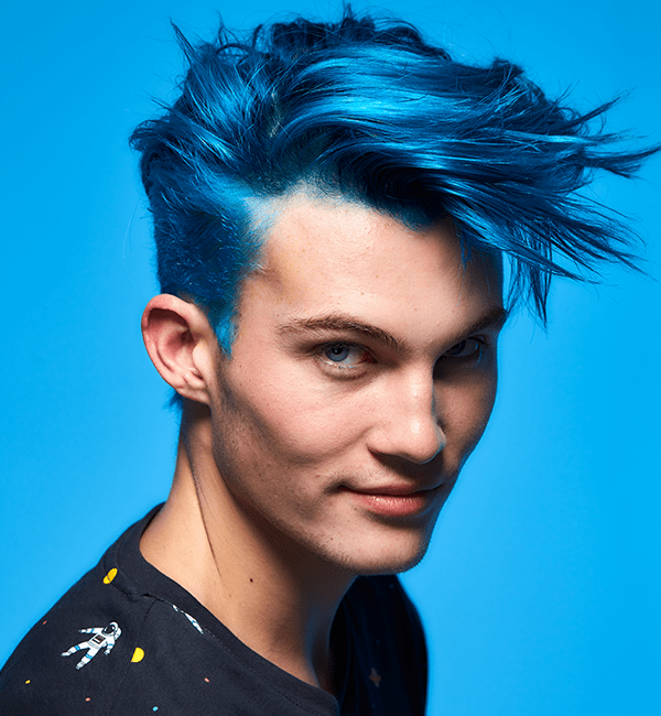 male model with vibrant blue hair